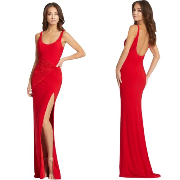 NEW Mac Duggal Leena Sleeveless Scoop Neck Ruched Side Knot Gown Sz 10 Slit - Picture 1 of 13